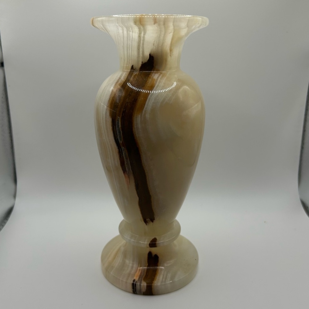 VTG Solid Onyx Vase 7” Tall Marbled Brown Cream Stone Decor Earth Tone